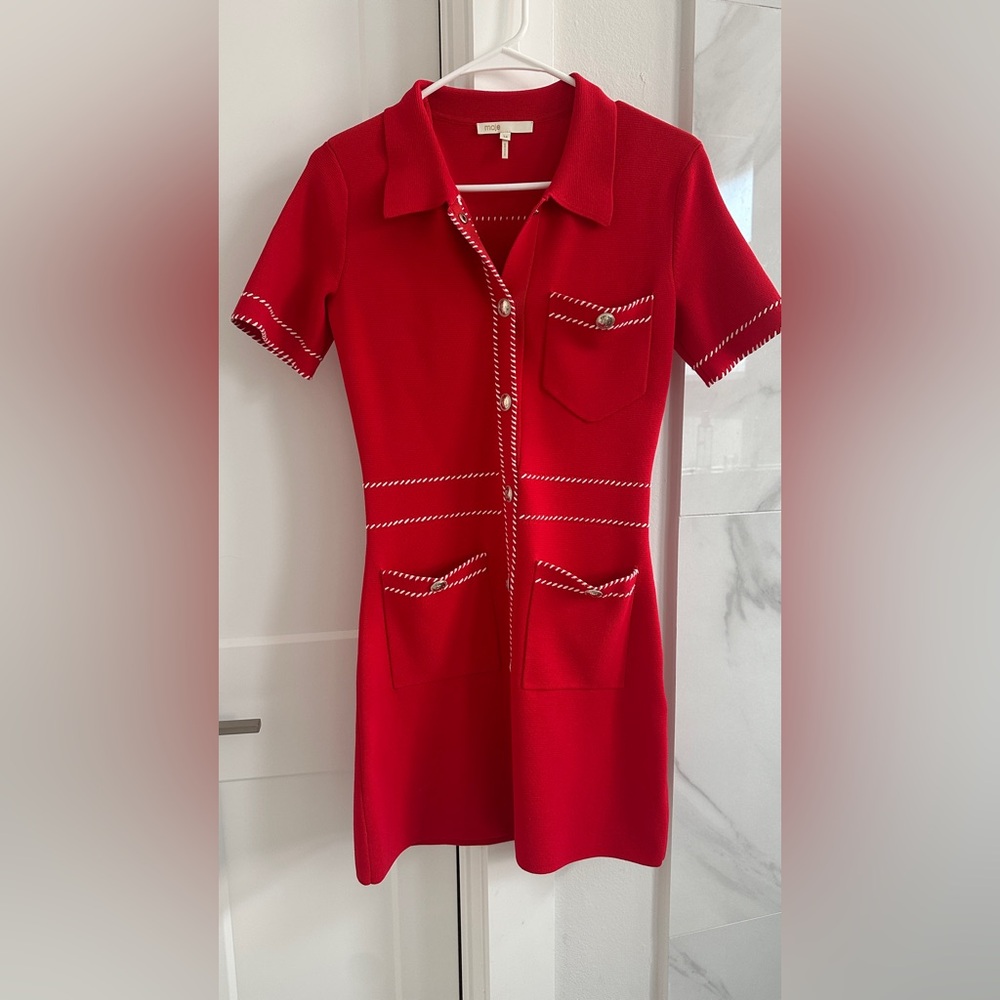 NEW Maje Red Short-Sleeve Knit Polo Dress with White Trim